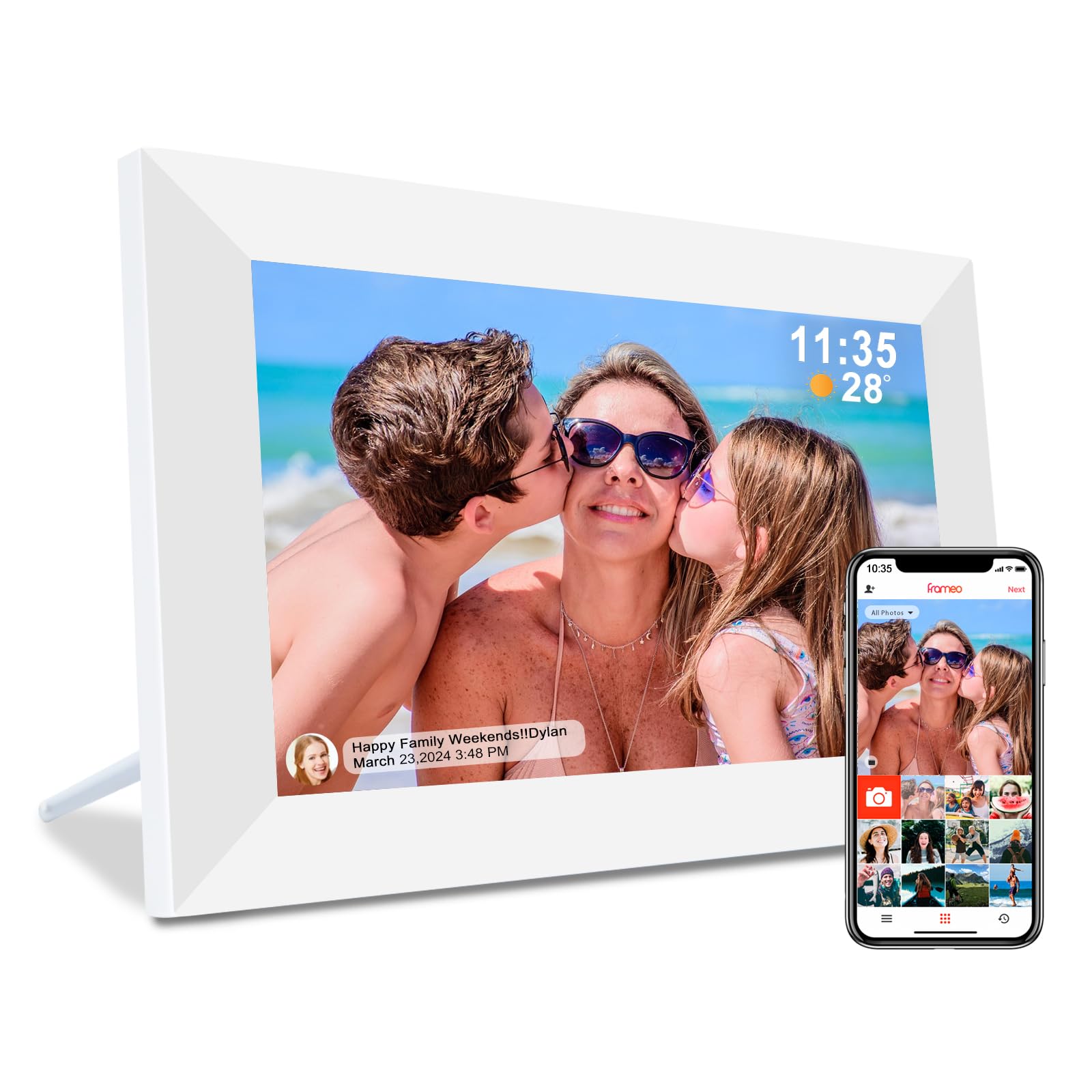 Photo 1 of ybest Frameo 10.1" Digital Picture Frame White, Smart WiFi Digital Photo Frame with IPS Touch Screen, 1280x800 HD Display, 32GB Auto-Rotate Wall Mountable, SD/USB Slot, Instant Sharing via Frameo App