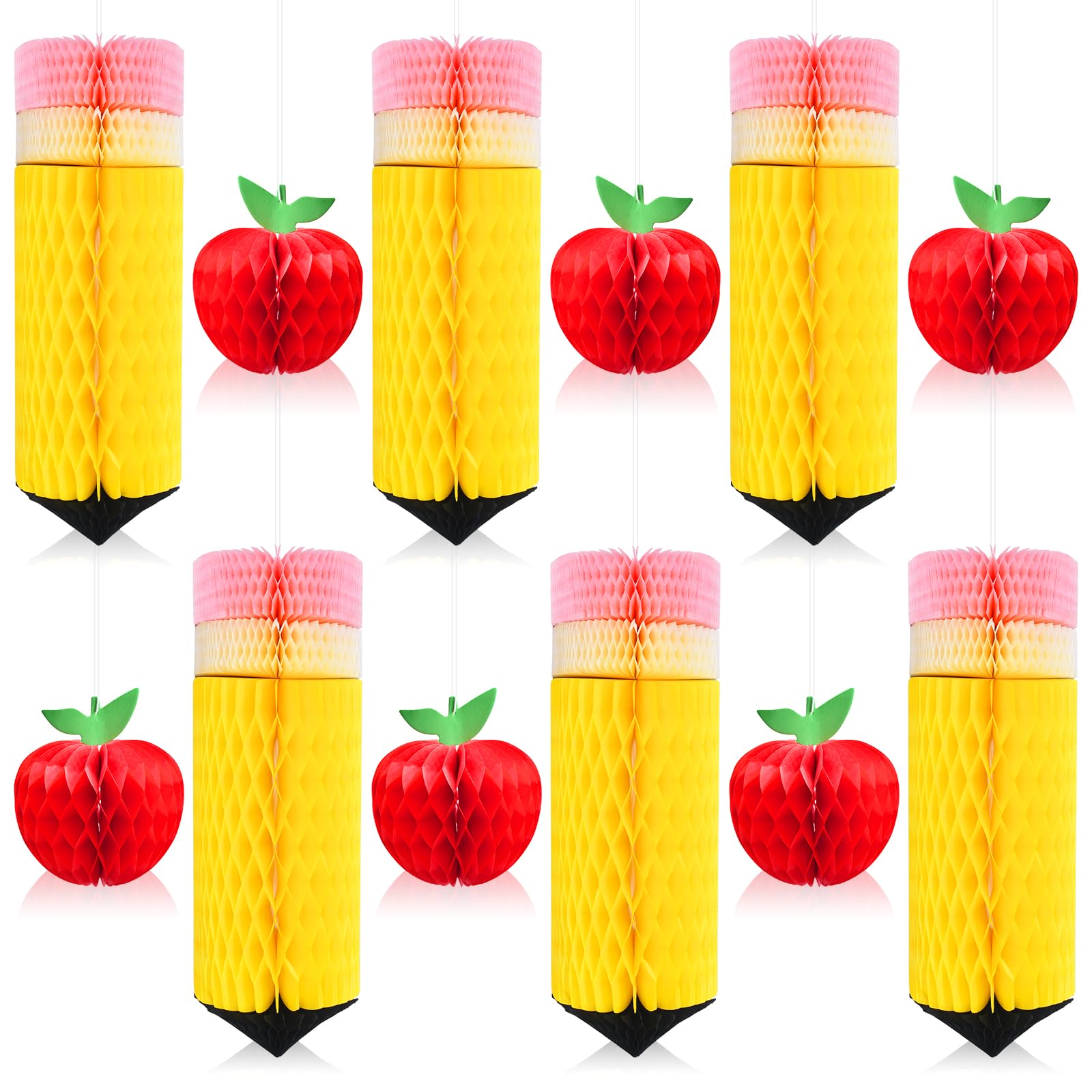 Photo 1 of 12-Pack Back to School Honeycomb Hanging Decorations – 3D Paper Pencil & Red Apple Classroom Hanging Set for Teacher Appreciation, Bulletin Board, Kids Party