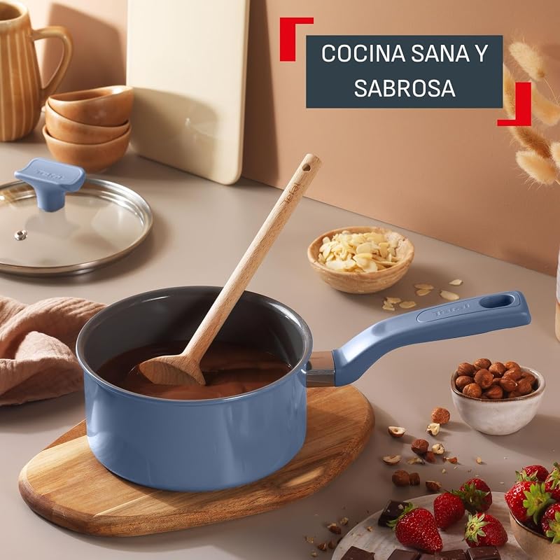 Cera Color On - Juego de 3 sartenes de 20/24/28 cm + Cazo con tapa de 16 cm + Olla con tapa de 24 cm, Revestimiento cerámico antiadherente de aluminio, 100% reciclado, Thermo-Signal