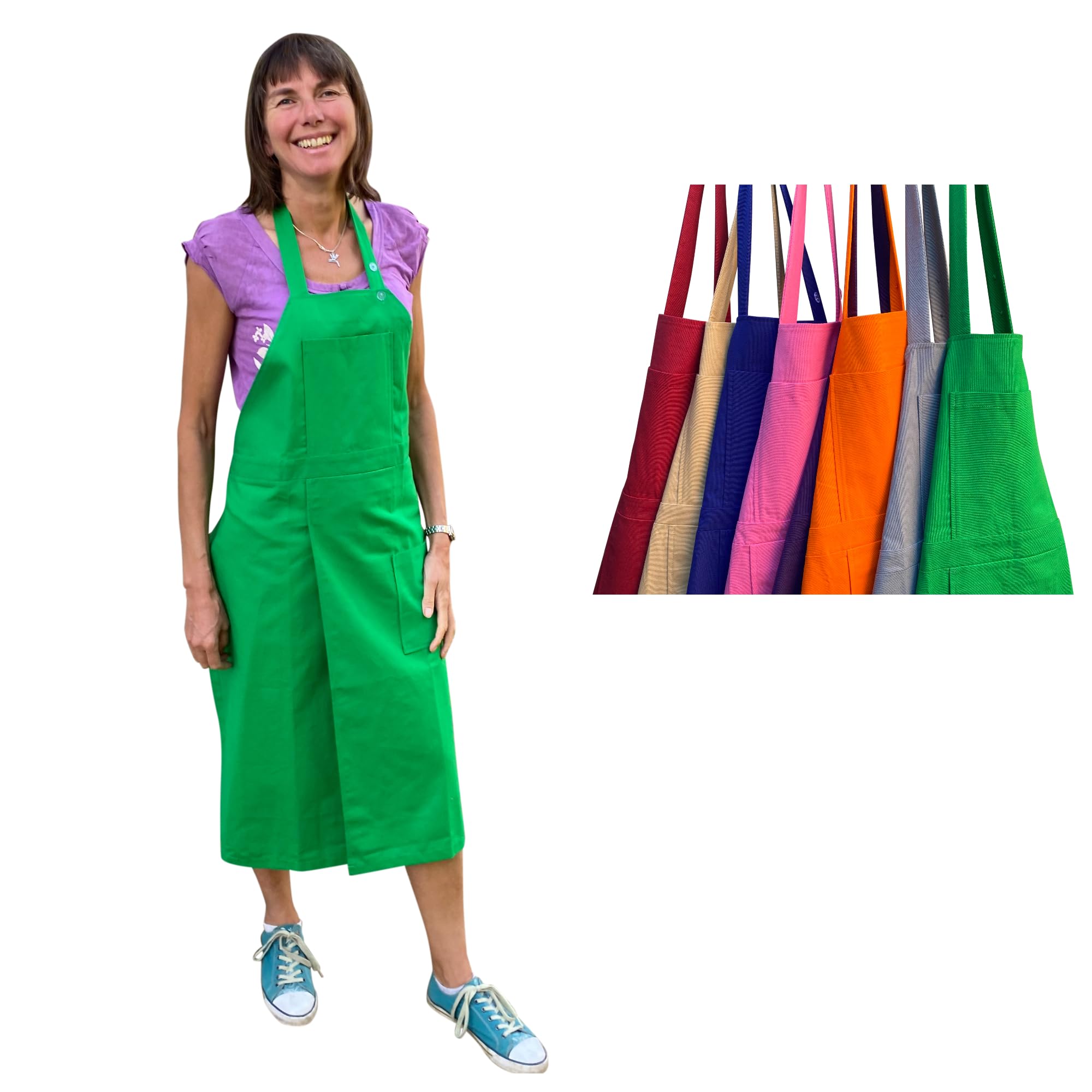 Potters Split Leg Apron 8 Cotton Colours with an Adjustable neck strap and 2 pockets (Green)
