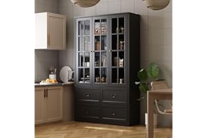 MOUMON Large Pantry Cabinet Kitchen Storage Cabinet with 4 Drawers & Glass Doors, Kitchen Pantry with Adjustable Shelves, Pantry and Kitchen Storage Black (47.2”W x 15.7”D x 78.7”H)