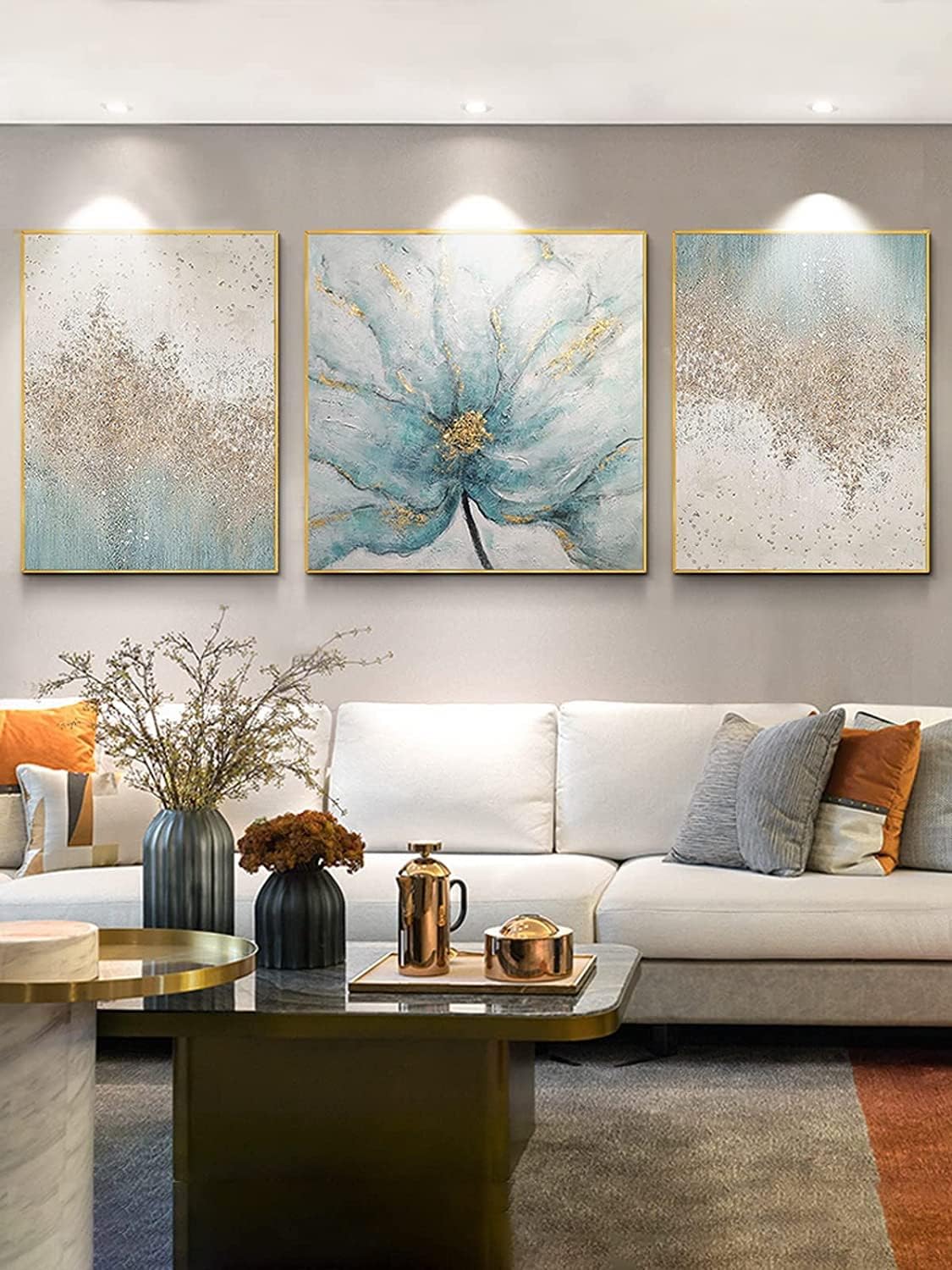 Paintings - Large Flower and Abstract Canvas Wall Art for Living Room -Hand Painted Floral Oil Painting for Office -3 Pieces Blue Framed Wall Decor for Bedroom Kitchen 28x68 inches