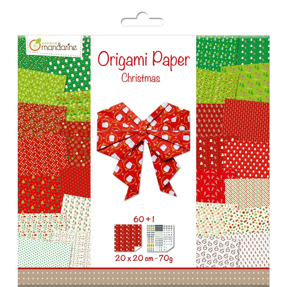 Avenue Mandarine OR506C - A pack of 60 Origami sheets - Size: 20x20 cm 70G (30 designs x 2 sheets) + a sheet of stickers ''Yeux'', From 7 years - CHRISTMAS — image 1