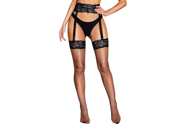 RSLOVE Fishnet Stockings for Women - Garter Thigh High Tights Lace Top Suspender Pantyhose with Antiskid Silicone