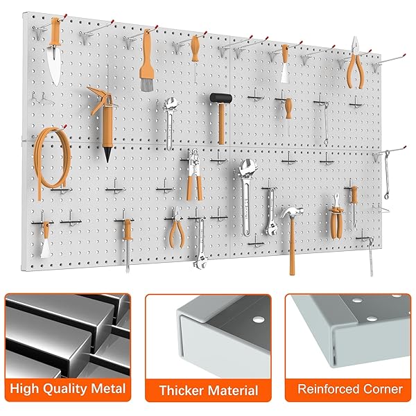 TORACK 4 PCS METAL PEGBOARD PANELS(12″ X 24″) FOR WALL, GARAGE TOOLS ORGANIZER PEGBOARD FOR WORKBENCH, MODULAR PEG BOARD, TOOL ORGANIZER BOARD KIT(PACK OF 4, GREY)