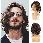 Beweig Mens Wig Short Wavy Brown Wig Natural Fluffy Synthetic Heat Resistant Halloween Cospaly Wig for Males