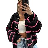 QIBABU Womens Striped Cardigan Sweaters Casual Open Front Long Sleeve Button Down Knit Outwear