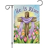Louise Maelys Easter Garden Flag He Is Risen Cross Tulip Floral 12x18 Inch Double Sided Flower Small Burlap Spring Holiday Yard Outdoor Flag Outside Home House Decoration (Only Flag)