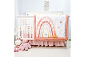 CARUILI 4-Piece Crib Bedding Set for Girls, Includes Comforter, Fitted Crib Sheet, Crib Skirt, and Diaper Stacker, Pink Rainbow
