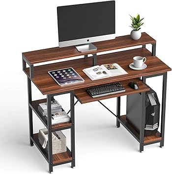 Amazon Com Qooware Computer Desk With Shelves 47 Writing Desk W Keyboard Tray Monitor Stand Riser Achieve More Strain Less Large Desk Space Wooden Study Table For Home Office Furniture