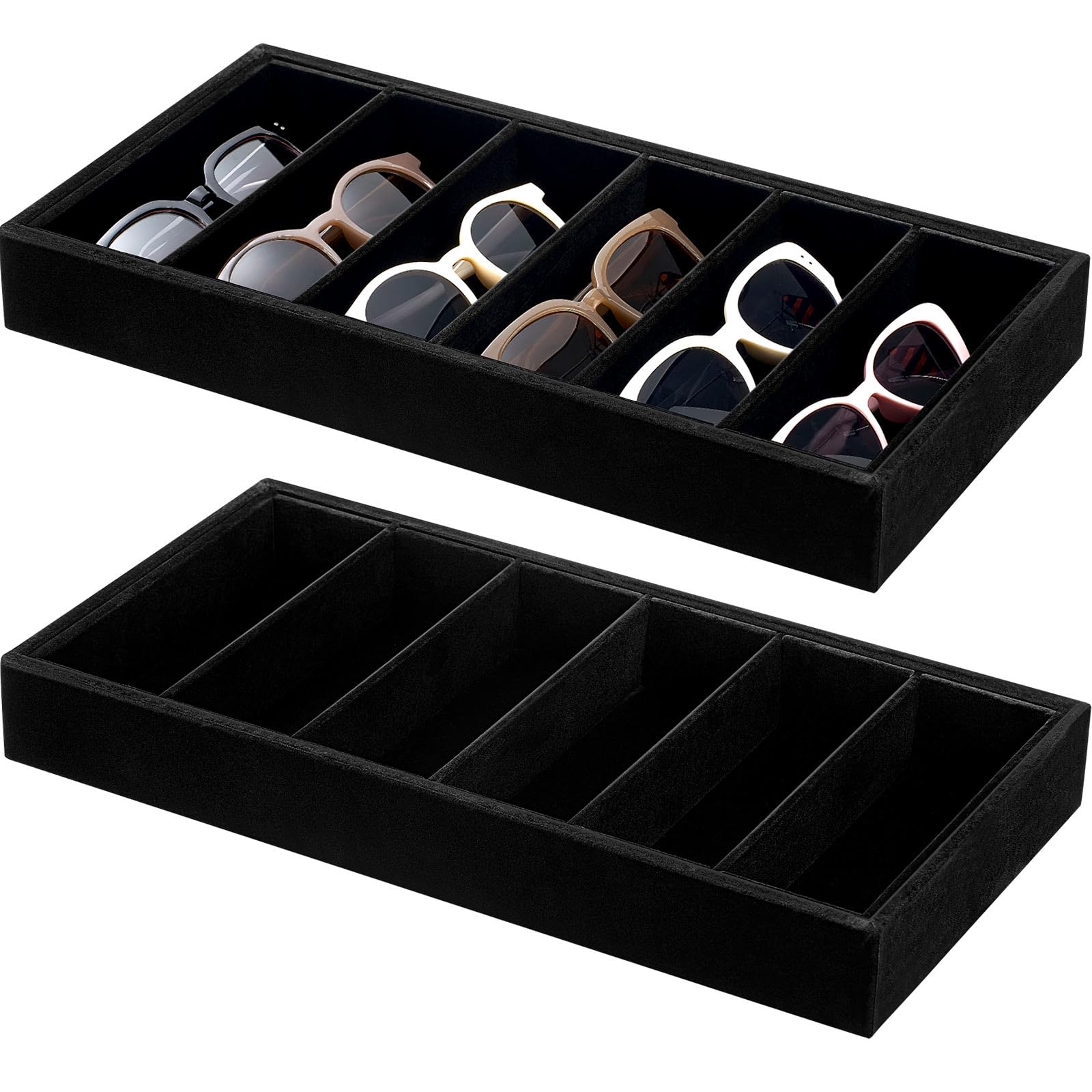 Photo 1 of Juexica 2 Pcs Velvet Sunglasses Organizer Tray 6 Grid Sunglass Organizer Velvet Tray Stackable Glasses Display Case for Women Glasses Jewelry Display Watch (Black)