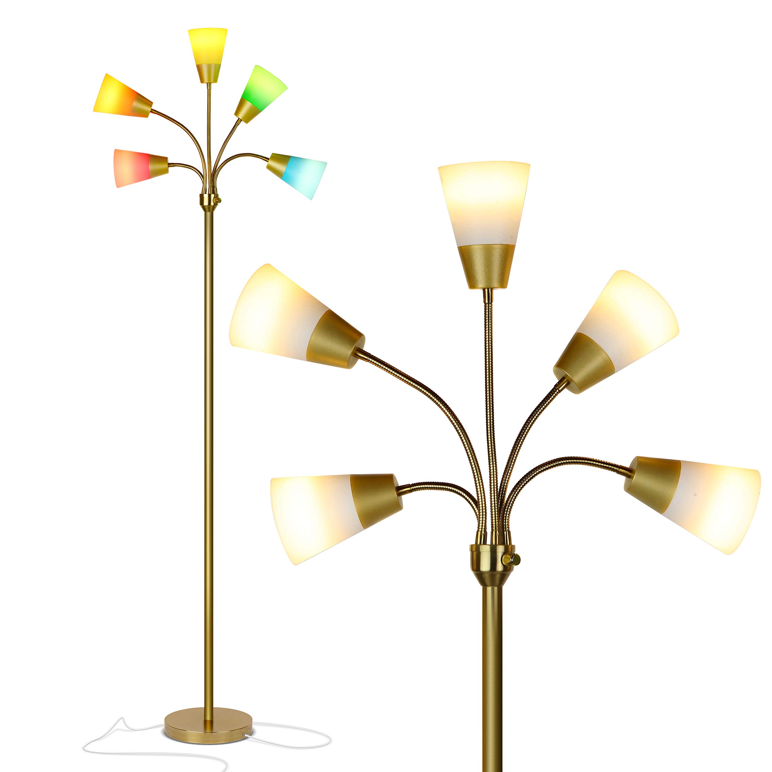 Brightech Medusa Modern LED Floor Lamp – Multi Head Floor Lamp for Living Rooms & Offices – Tall Lamp with Interchangeable Shade, Standing Lamp with 5 LED Bulbs for Hobbies - Brass