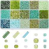 PH PandaHall 6178pcs 15 Colors Green Series Glass Seed Beads 5021pcs 2~4mm Glass Round Beads 1157pcs 4~6x2mm Tube Beads Kit Bugle Beads Loose Spacer Bead for Bracelet Necklace Jewelry Making