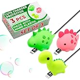 Phone Charger Protector Cute Set of 3, Dinosaur Shape (Green and Pink) | USB Cable Protector Animals; Slide-On Silicone Fit; Prevents Fraying, Bending &amp; Damage; for Phone and Tablet Cords