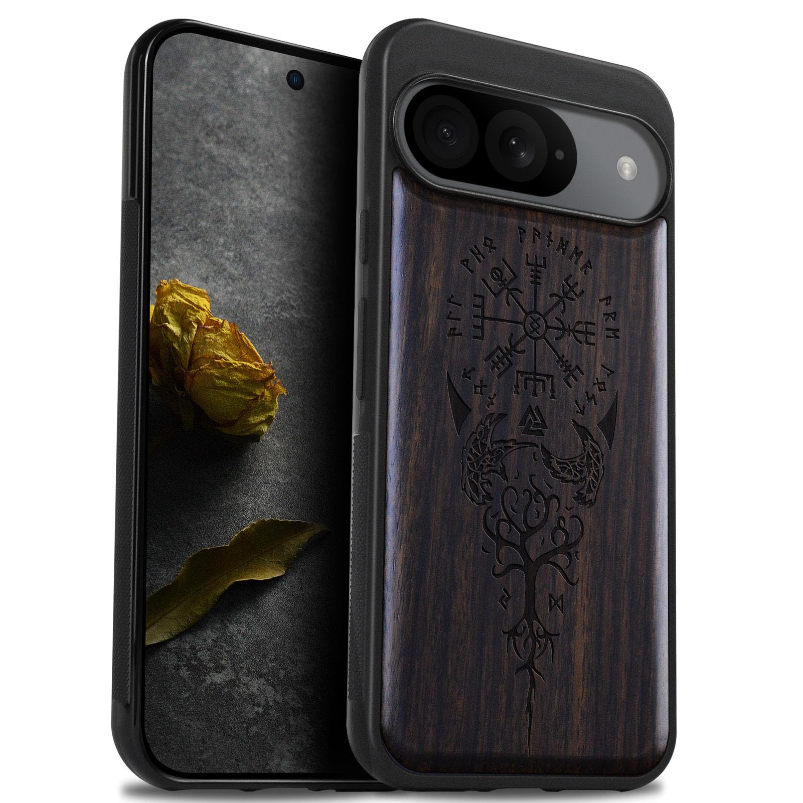 Carveit Wood Case for Pixel 9 [Natural Wood & Black Soft TPU] Shockproof Protective Cover Unique Wooden Compatible With Google Pixel 9 (The Guiding Vegvisir-Blackwood)