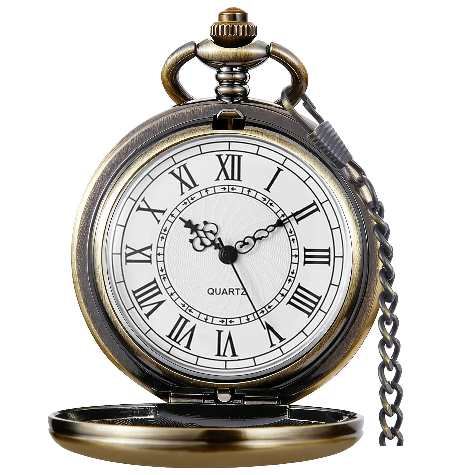 Tiong Bronze Vintage Pocket Watch with Chain Smooth Steel Roman Numerals Men's Pocket Watches Pendant