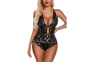 Aranmei Sexy Lingerie for Women Lace Teddy Bodysuit Deep V Cut Out Matching Panty Underwear