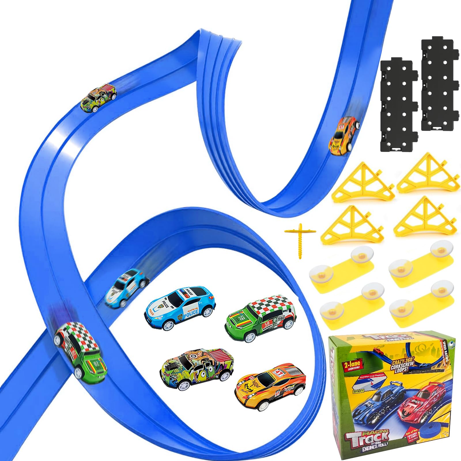 Car Track 5M Flexible Racing Track, Roll Up Race Track with 4 Die-Cast Cars,DIY Speed Toy Car Ramp for Loops, Jumps, Ramps,Long Roll Up Race Track for Boys Girls