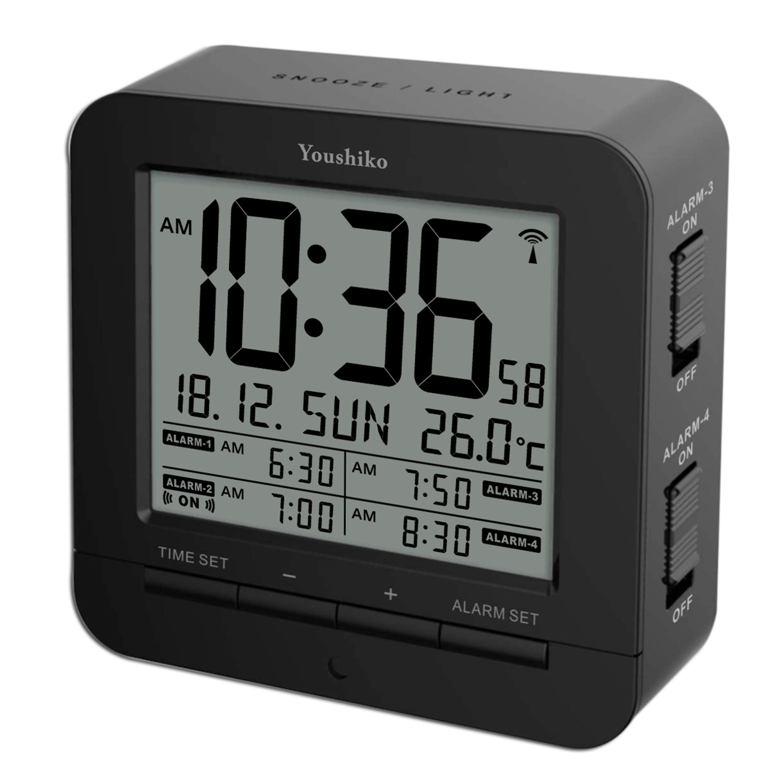 Youshiko Digital Radio Controlled (Official UK & Ireland Version) Alarm Clock with 4 Alarm Times & Automatic backlight with light sensor