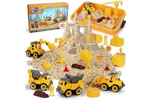 OENUX Play Sand Construction Set, Beach Building Castle Kit w/ 2.2lbs Play Sand, 4 Take Apart Construction Trucks Toys and Signs, Sensory Sandbox with Cover for Boy Girl Kid Toddlers Age 3-8