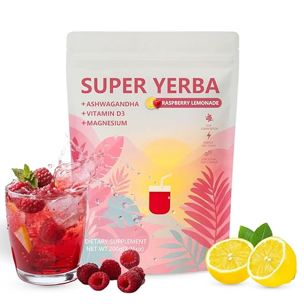 SUPER YERBA,YERBA MATE INSTANT TEA POWDER，RASPBERRY LEMONADE FLAVOR，YERBA MATE SUPPLEMENTS WITH PREBIOTICS AND PROBIOTICS，ENERGY BOOST, PROMOTE MENTAL CLARITY AND GUT HEALTH ， LOW SUGA (200G)