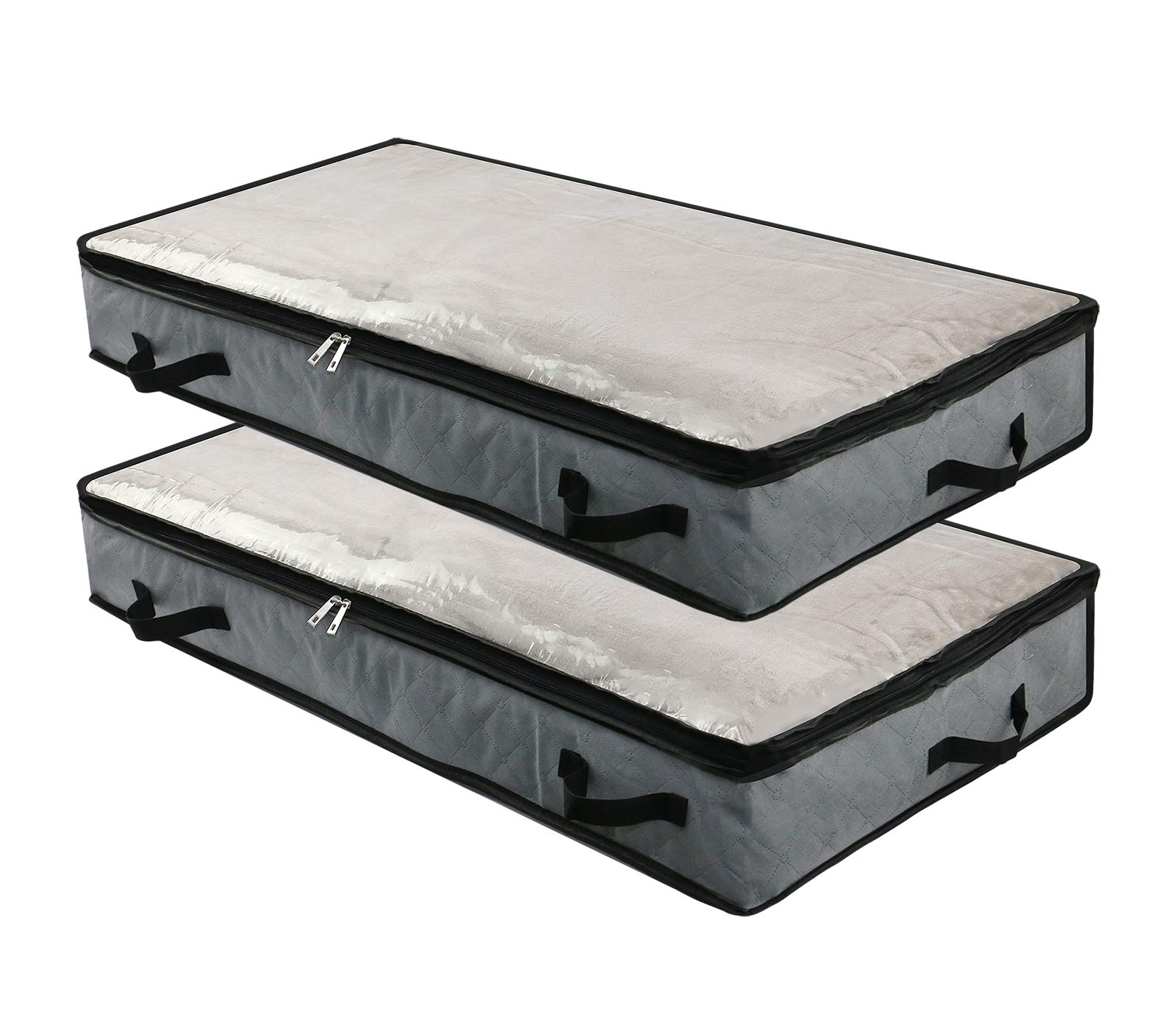 Omygarden 2pcs Soft Foldable Under Bed Storage Bags Blankets Clothes Comforters Storage Bags Organizer for Bedroom and Closet with Transparent Window, 4 Handles, Zipper, 100 * 50 * 15cm, Grey