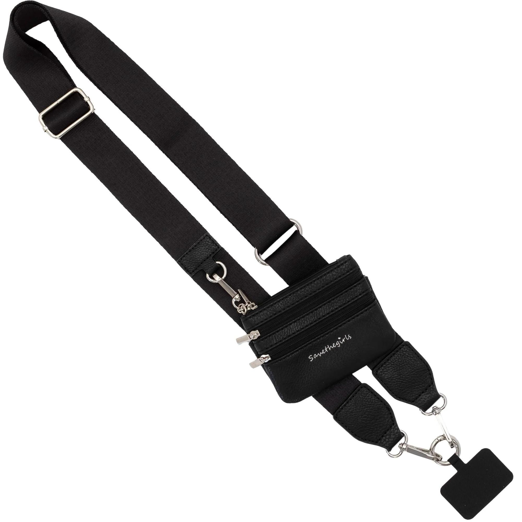 Save the Girls Clip and Go Phone Strap Solid (Black - Black Pouch) - Crossbody Phone Strap Chain with Zipper Wallet Pouch – Phone Lanyard