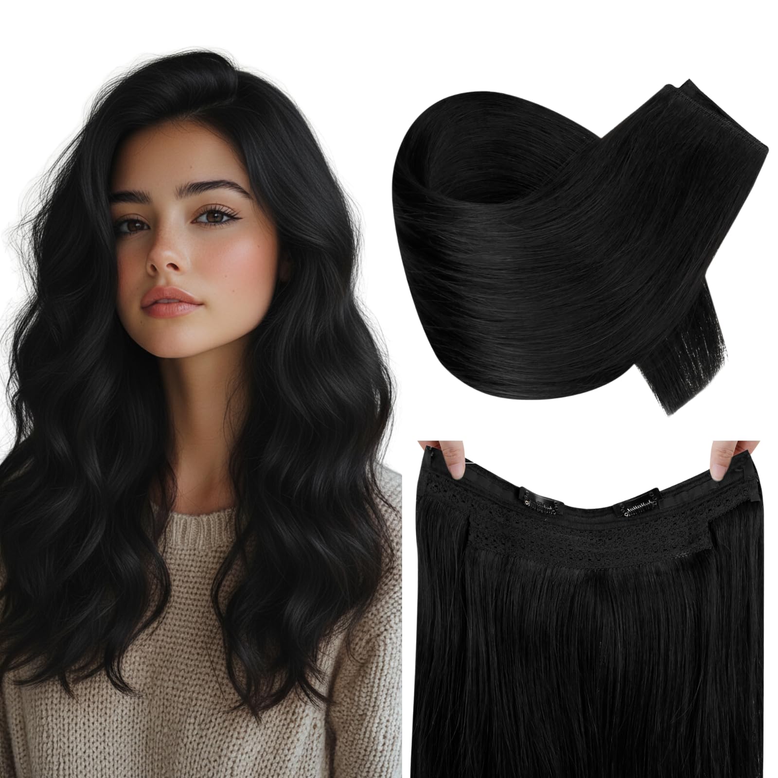 RUNATURE Black Wire Hair Extensions Real Human Hair Jet Black Invisible Fish Line Hair Extensions Human Hair One Piece Wire Hair 14 Inch 70g #1 — image 1