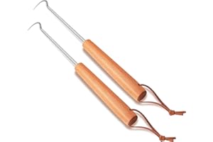 Leonyo 2 Pack Pigtail Food Flipper, 12 Inch Meat Hook Flippers Turners with Stainless Steel Shafts, Substitutes of Grill Tongs, Spatulas, Forks for Kitchen Cooking BBQ, Wooden Handles, Left Handed