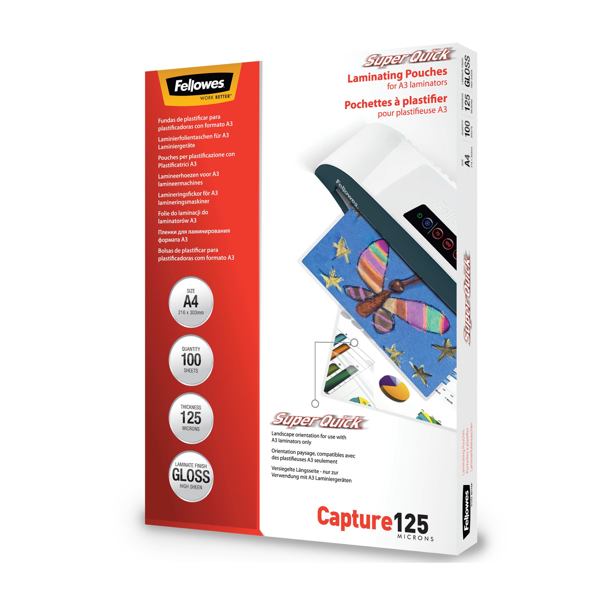 Fellowes Capture A4 125micron Super Quick Glossy Laminating Pouches (Pack of 100) — image 1