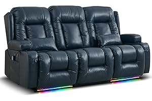 TUNYI Power Loveseat Recliner Sofa with Massage & Heat Home Theater Seating with Console Electric Recliner RV Sofa with USB/Outlet/Cup Holder/Side Pocket/LED Light (Blue, 3 Seat)