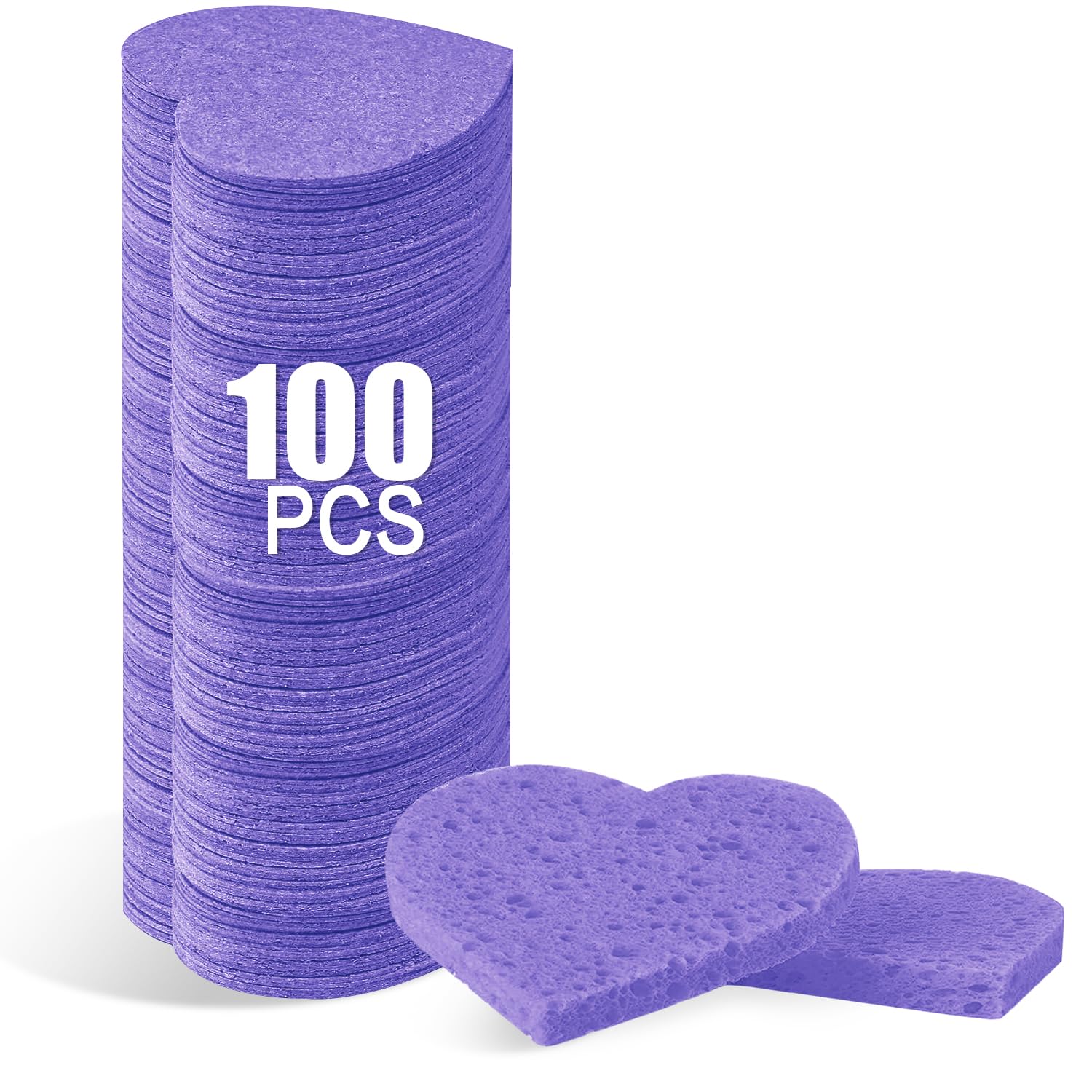 100-Count Compressed Facial Sponges for Estheticians - Heart Shape Natural Cellulose Sponges for Face Cleansing, Massage, Pore Exfoliating, Mask, Makeup Removal - Purple — image 1