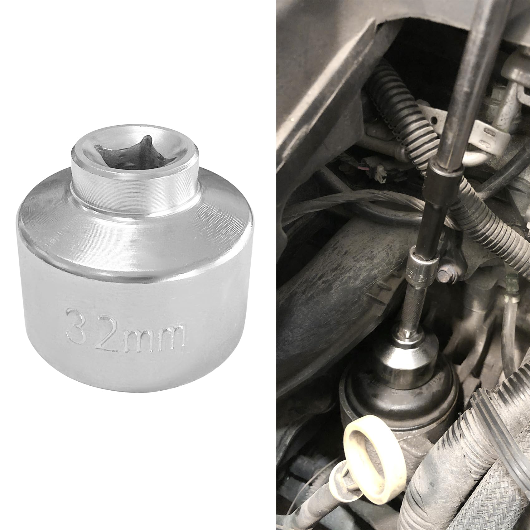 Photo 1 of Lyxheth 32mm Oil Filter Socket Wrench, Oil Filter Removal Tool, 3/8" Drive Oil Filter Socket Tool, Car Accessories 6 Point Steel Oil Filter Cap Wrench for Most Car Models with Oil Filter Cap (32mm)