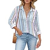 HOTOUCH Womens Button Down Shirts Linen Cotton Long Sleeve Blouses Casual Collared Loose Fit Gauze Tops with Pocket