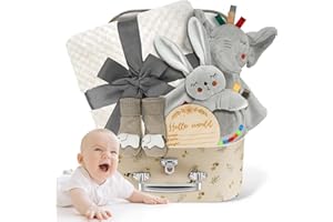 WECOOL Baby Boy Gift Basket Set, Unique Baby Gift Basket Set, New Baby Boy Gift Basket, New Baby Gift Basket Set with Baby Blanket, Baby Rattle, Bunny, Keepsake Milestone, Elephant Toy, Baby Socks