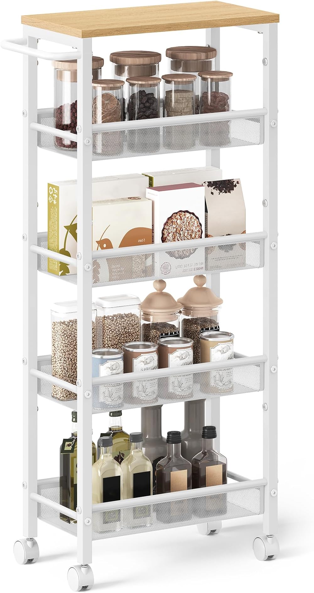 VASAGLE 5-Tier Trolley Space-Saving Kitchen Cart Oak Beige White LRC035W09