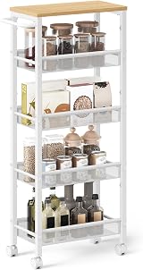 VASAGLE 5-Tier Trolley Space-Saving Kitchen Cart Oak Beige White LRC035W09