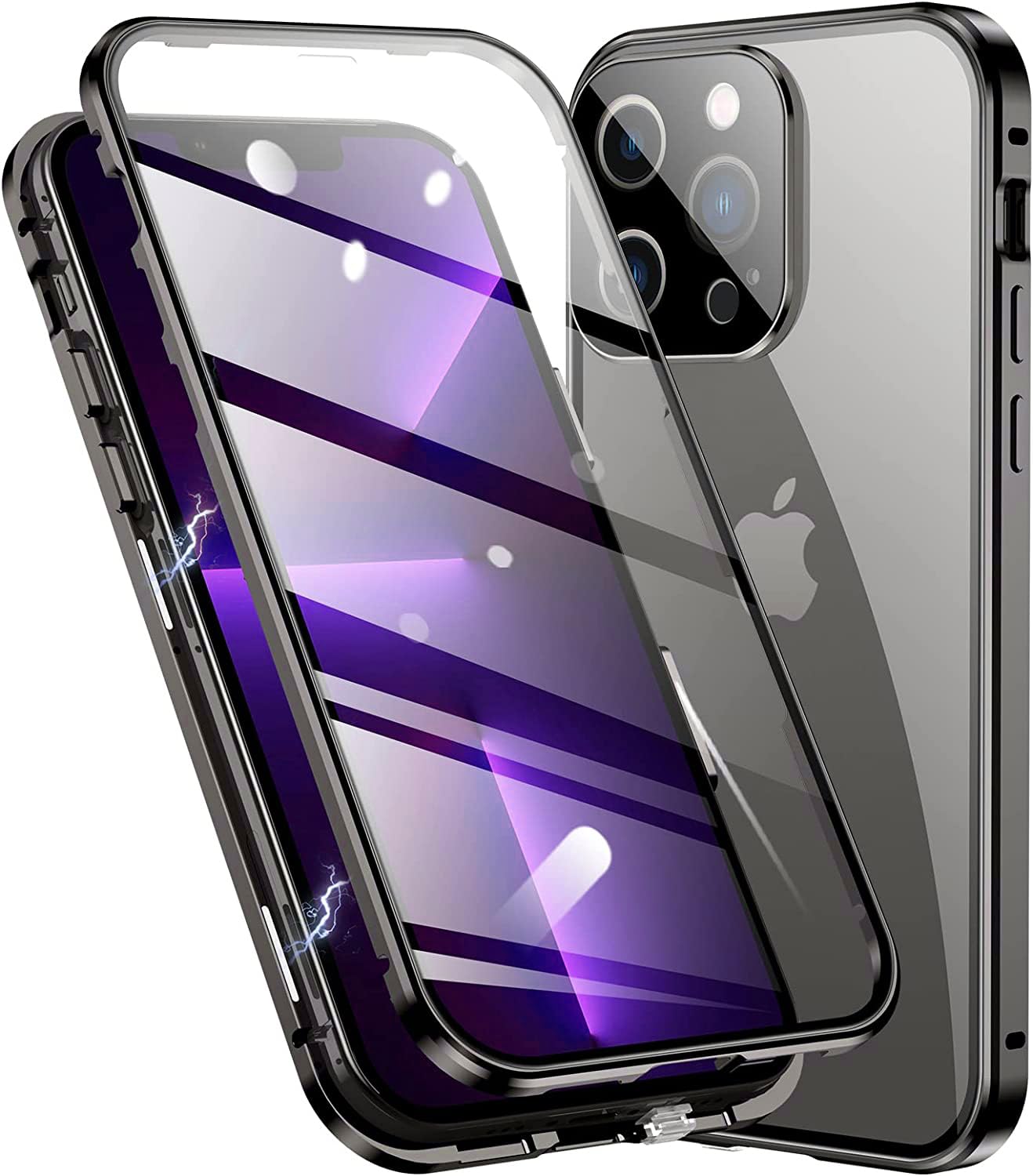 OMGZONE Magnetic Case for iPhone 16 Pro Max Full Body Cover,Screen Protector built-in Transparent Tempered Glass and Camera Protector,360 Degree Metal Bumper Case for iPhone 16 Pro Max,Clear Black