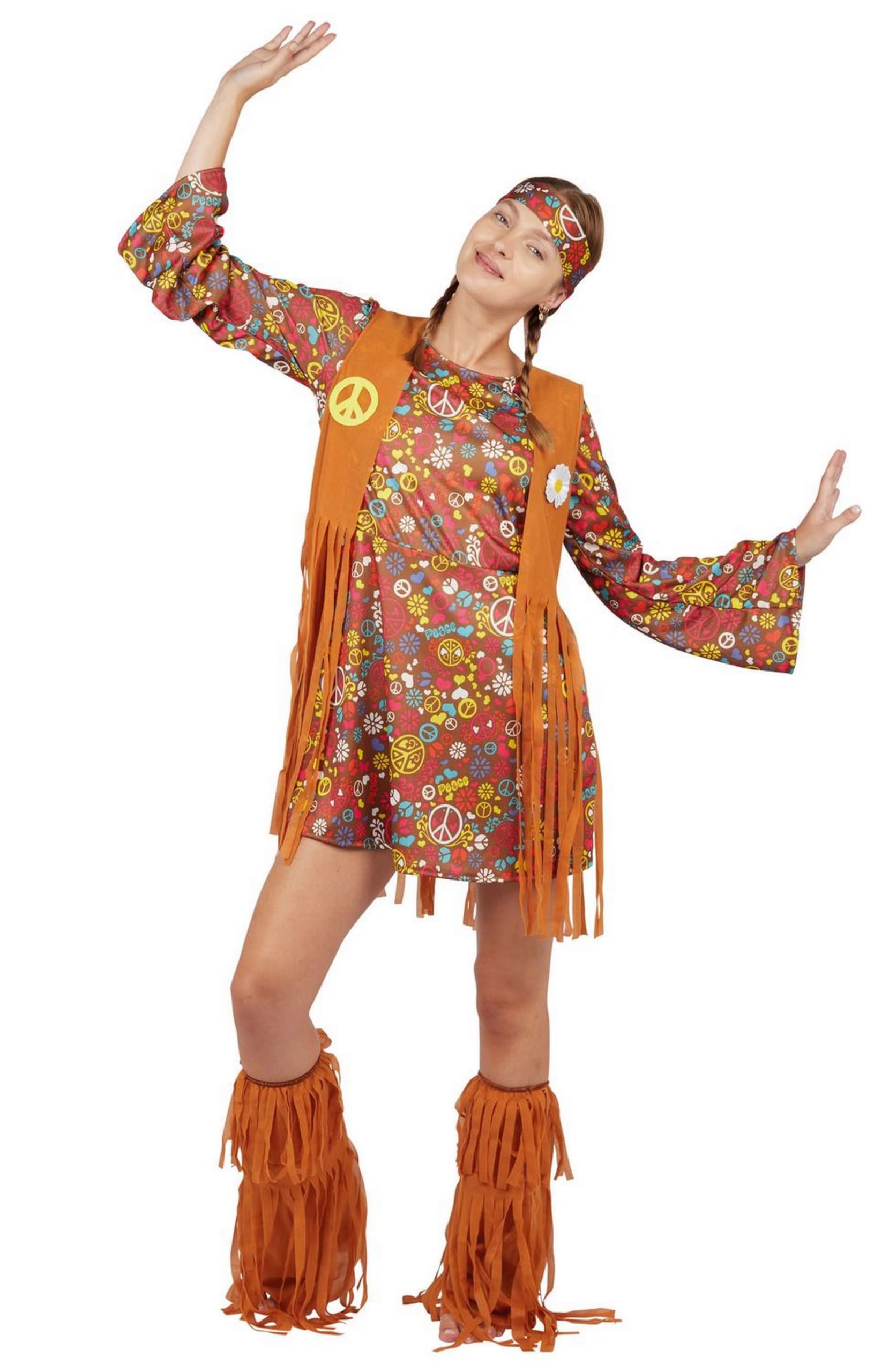 P'tit Clown 21110 Hippie Costume – Adult Women – S/M Dress, Leggings, Headband, Brown