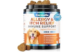 Carmelie Dog Allergy Chews 200 Chews - Dog Itching Skin Relief Treatment - Omega 3 Probiotics for Dog - Itchy & Paw Licking Relief, Seasonal Allergies, Skin & Coat Immunity Supplement - Chicken Flavor