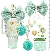 LBU Bling Stanley Cup Accessories for 40/30/20 oz Tumbler with Handle Including Glitter Bow Straw Topper, Heart Straw Cover, Pearl Water Bottle Handle Strap, Boot, Pom-Pom, Keychain Charms(Green)