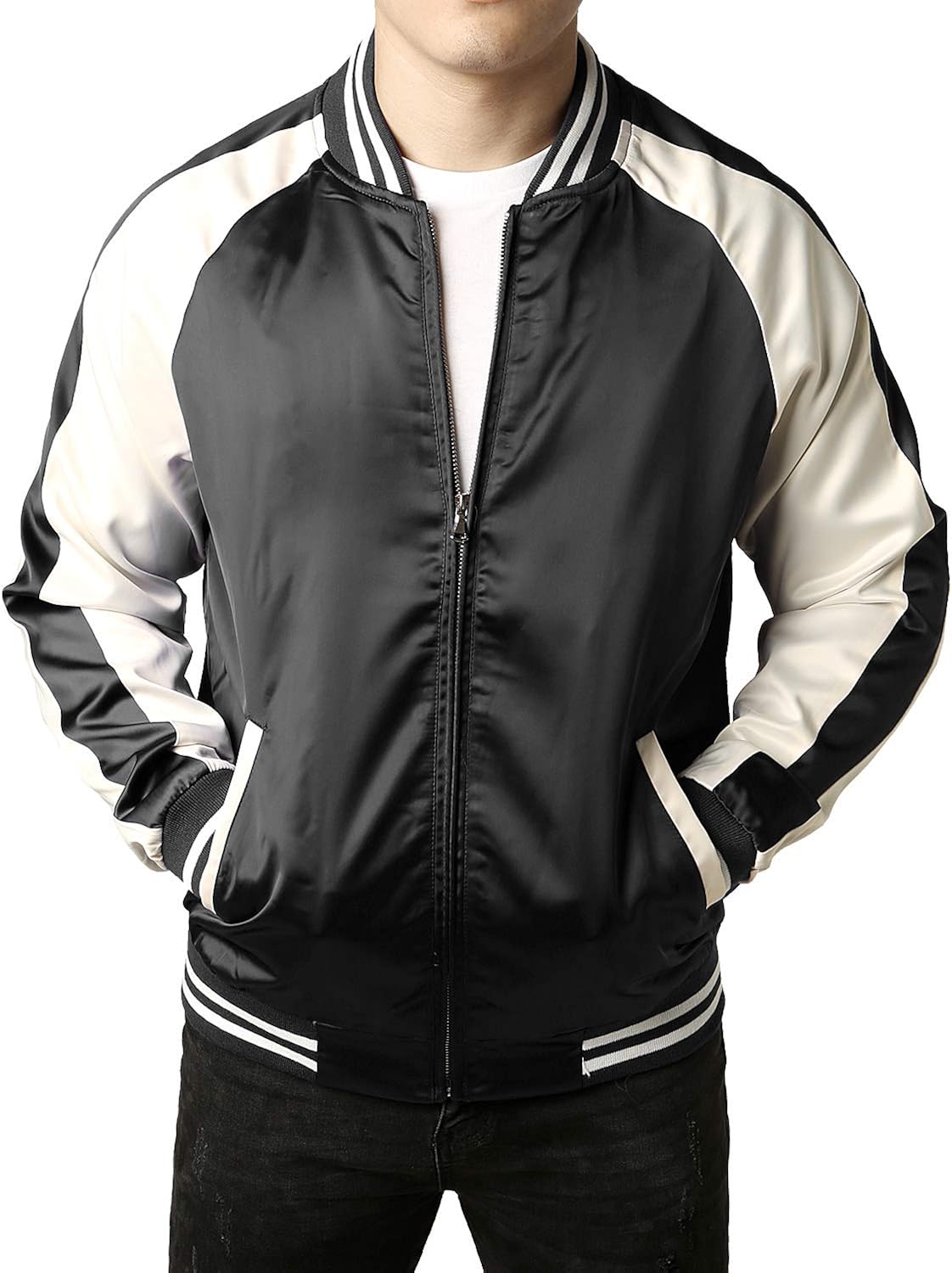 JOGAL Mens Baseball Bomber Jacket Zip Up Stain Contrast Colors Varsity