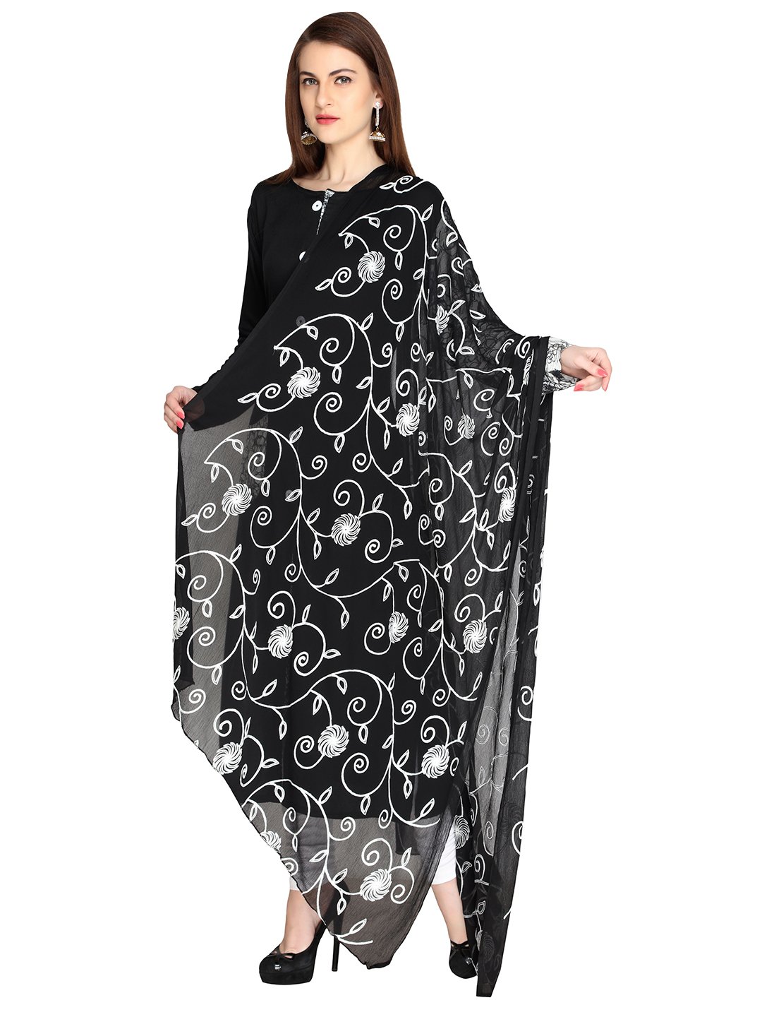 DUPATTA BAZAAR Black Chiffon Embroidered Dupatta Free size