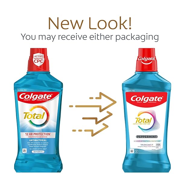 COLGATE TOTAL ALCOHOL FREE MOUTHWASH, NON BURNING PEPPERMINT FOR BAD BREATH, HELPS PREVENT GINGIVITIS AND PLAQUE, NO-ALCOHOL MOUTHWASH, PEPPERMINT, 1.0 L