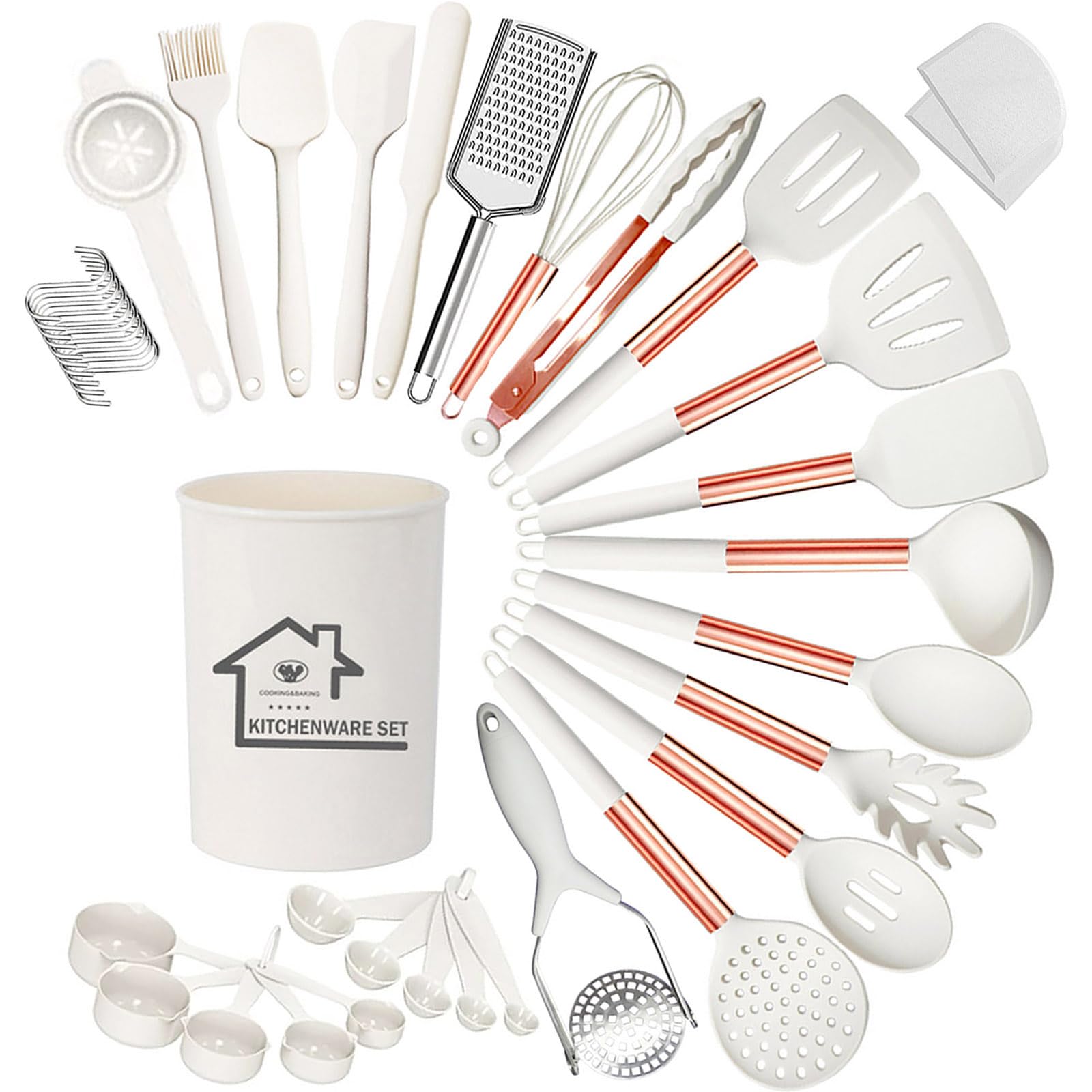 UXIYI Silicone Kitchen Utensils Set, White Cooking Utensil Set with Potato Masher, Non Stick & Heat Resistant Kitchen Tools with Rose Gold Stainless Steel Handle, 40PCS