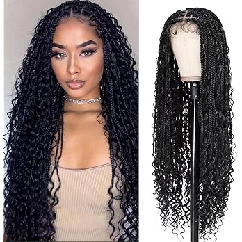 Janyuwool 36" Boho Knotless Box Braided Wigs Full Double Lace Braid Wig for Black Women Lace Frontal Human Hair Blended Braid