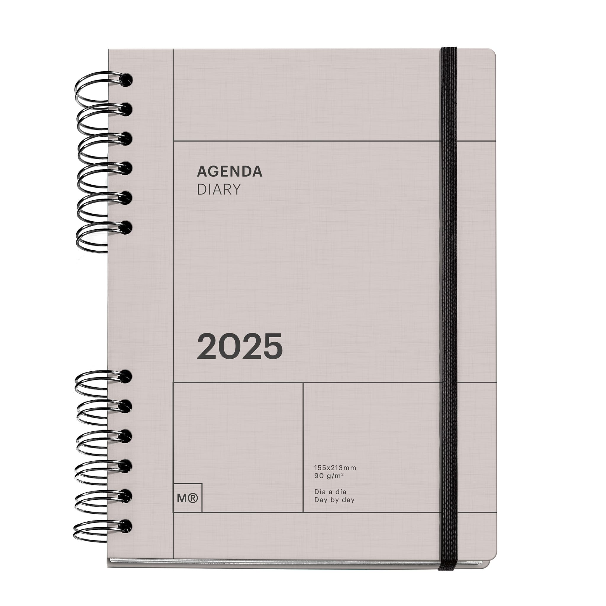 Miquelrius - 2025 Diary, Yearly Diary 155 x 213 mm, Day Page Agenda, Lined Cardboard Cover, Sustainable Paper 100 g/m², Elastic Closure, Spanish, English and Portuguese, Grey