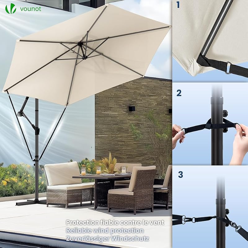 ® 300 cm Parasol Excentrico, Sombrilla de Jardín con Manivela, Funda Protectora y Correa de Fijación, Protección UV, Beige