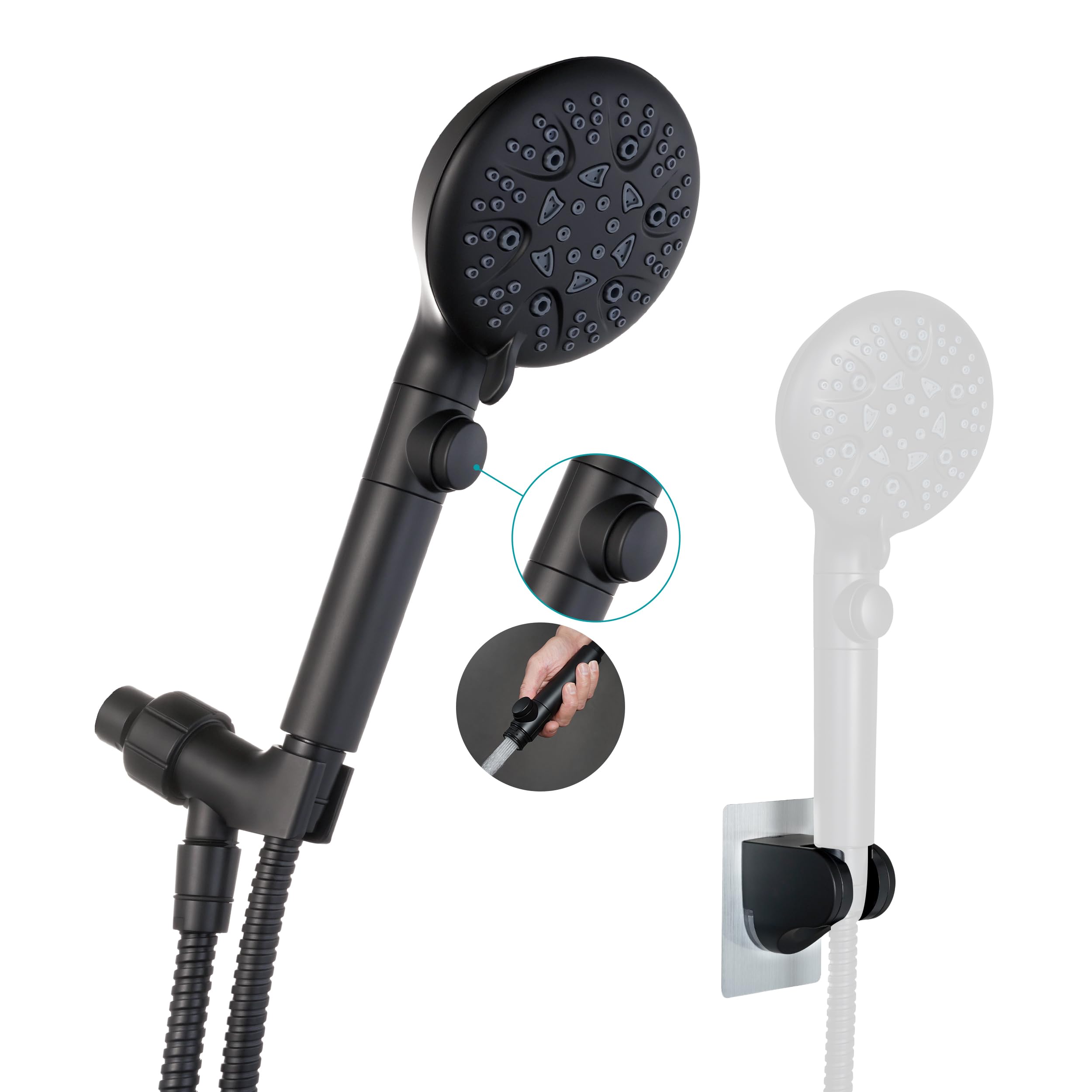 Photo 1 of GwernKB Handheld Shower Head with On Off Switch,8-mode High Pressure Shower Wand with Long Hose and Bracket Extra Adhesive Holder for Lower Mount,Built-in Power Wash to Clean Tub,Tile & Pets,Black…