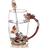 Glass Coffee Mugs Flower Butterfly Tea Cup with Spoon and Box, Personalized Gifts for Mothers Day Gift, Women, Wife and Girlfriends (11oz)